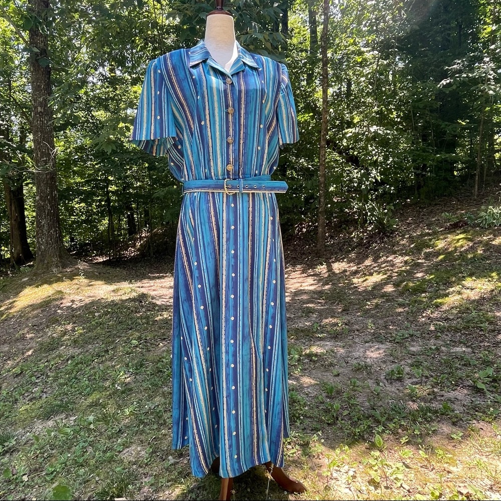 Leslie Fay Vintage 1980s Short-sleeve Belted Blue Striped Secretary Dress 14